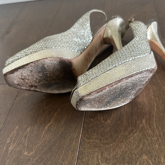 JIMMY CHOO Nova Slingback Heel Peep Toe Platinum Silver Glitter Size 39 - Picture 8 of 11